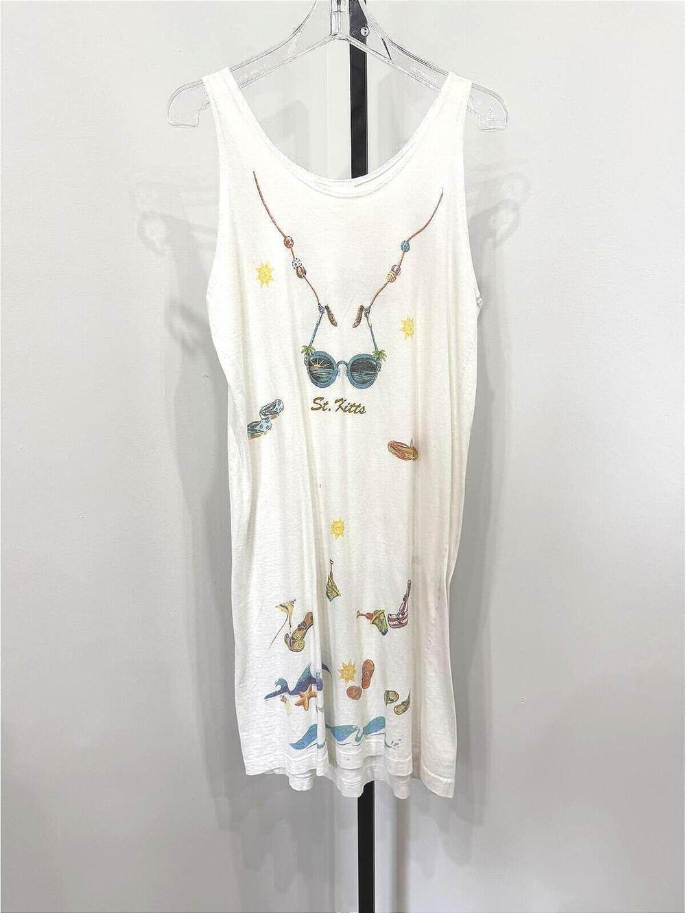 White Sleeveless St. Kitts Graphic Dress Large Vintage Vacation